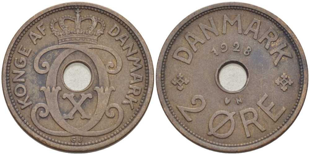 ДАНИЯ 2 ЭРЕ 1928 N; GJ, КРИСТИАН X (1912-1947) KM 827.2 бронза 31-542
