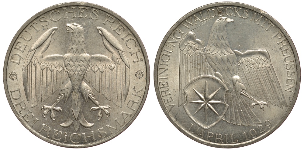 Германия 3 марки 1929 A, союз Вальдека с Пруссией J. 337, KM 62 серебро UNC 00-803-17