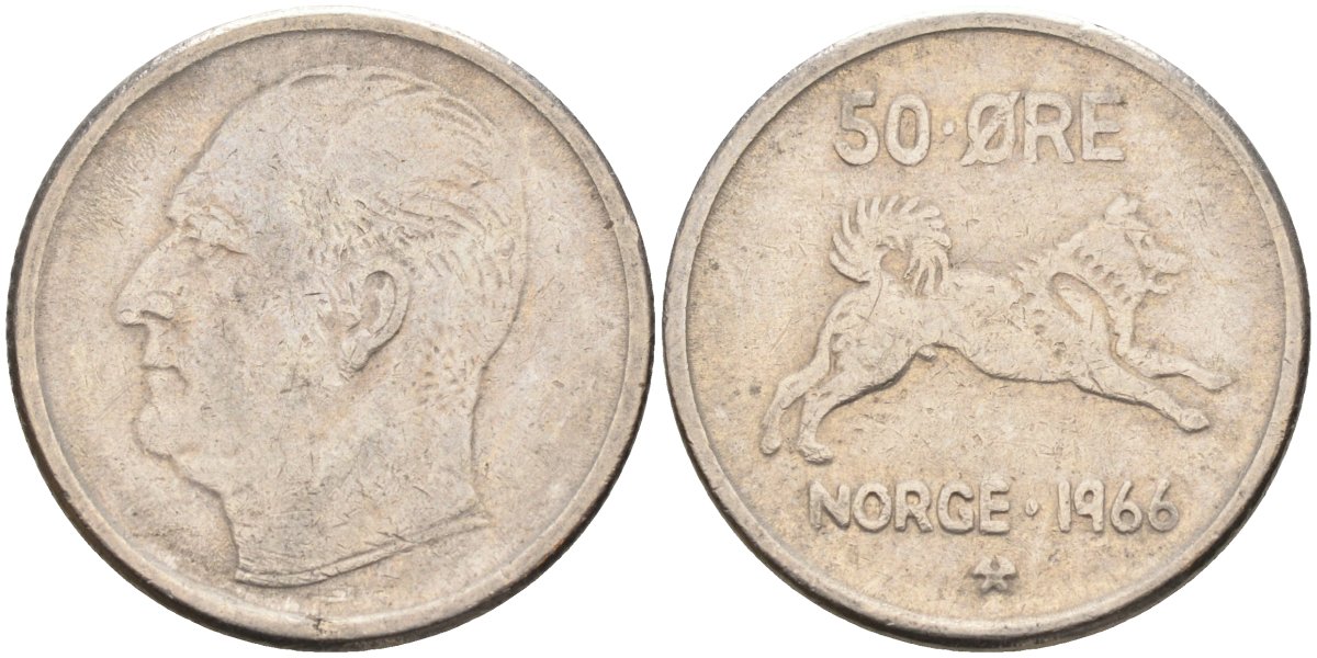 Норвегия 50 эре 1966 Улаф V (1957-1991), собака KM 408 медно-никель 4582-714