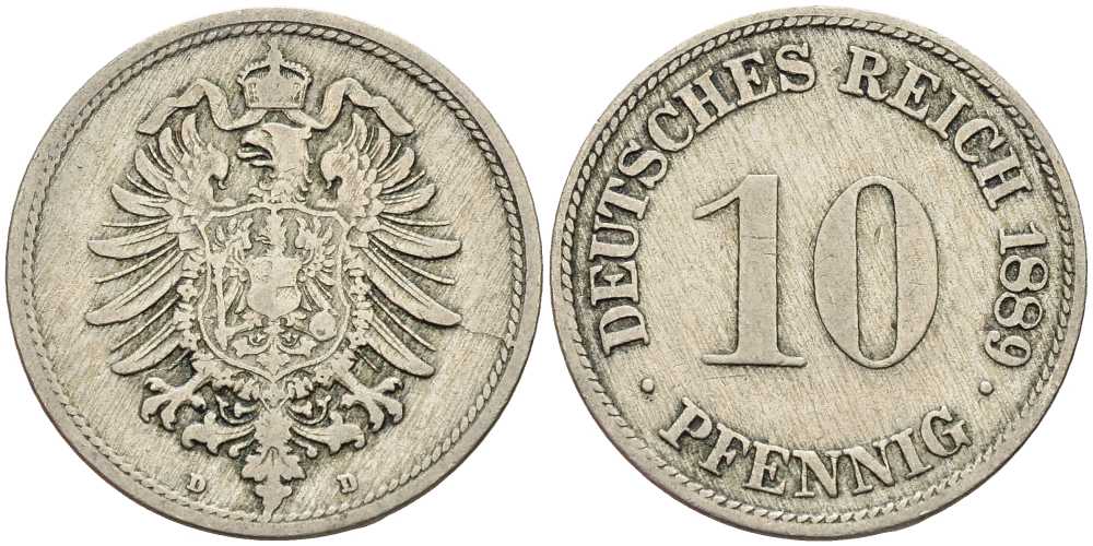 ГЕРМАНИЯ 10 ПФЕННИГОВ 1889 D, СТАРОГЕРБОВКА KM 4, J. 4 медно-никель 4401-336