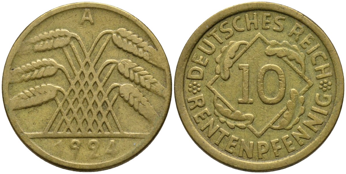Германия 10 рентенпфеннигов 1924 A KM 33 алюминиевая бронза 4163-754