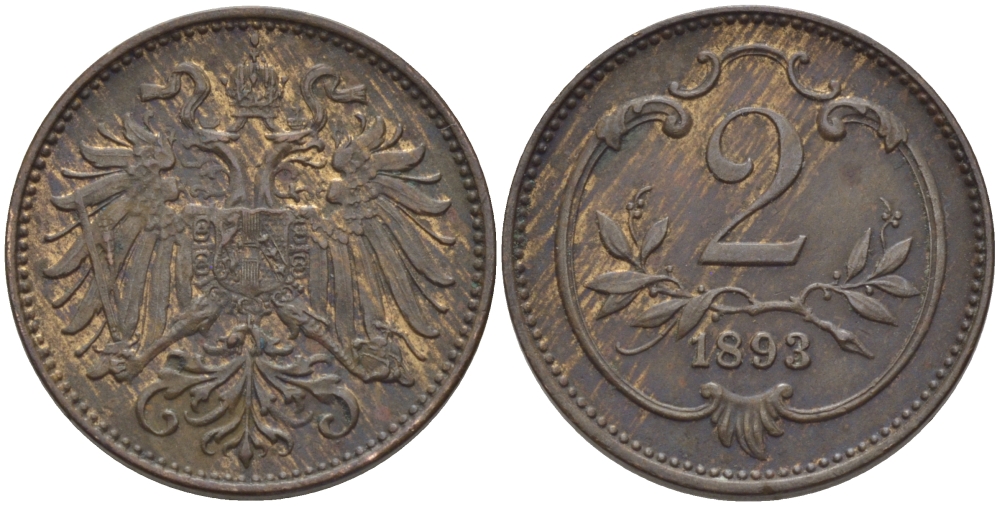 АВСТРИЯ 2 ГЕЛЛЕРА 1893 ФРАНЦ ИОСИФ (1848-1916) KM 2801 бронза 100-135