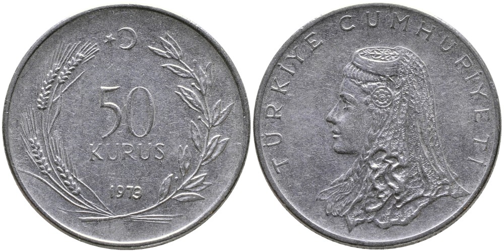 Турция 50 курушей 1973 Анатолийская невеста KM 899 нержавеющая сталь 4541-826