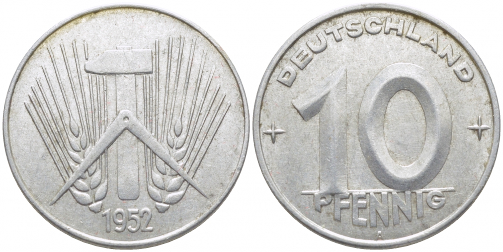 ГДР 10 пфеннигов 1952 A KM 7 алюминий 3856-234