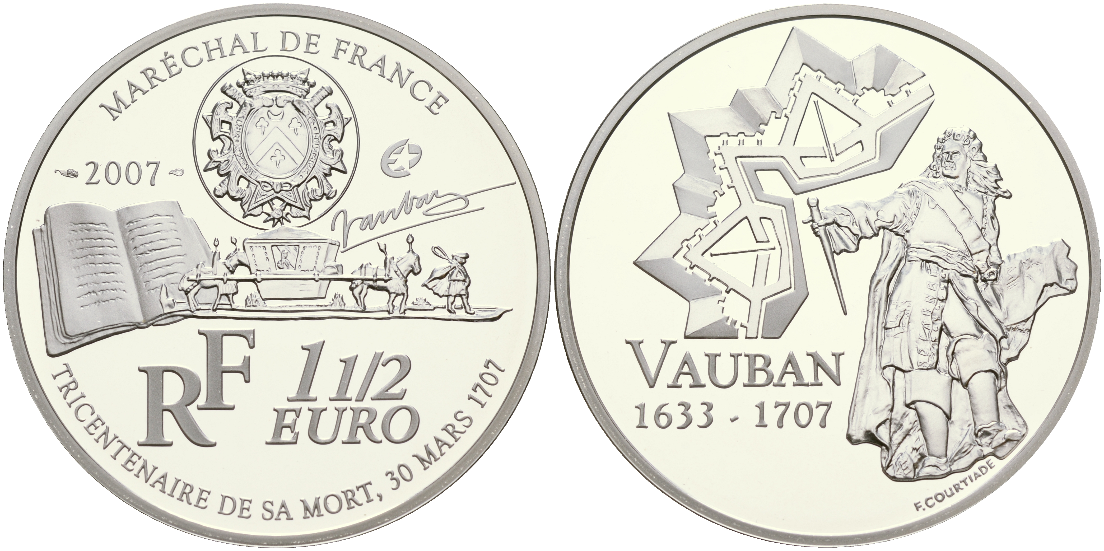 Франция 1 1/2 евро 2007 300 лет со дня смерти военного инженера Себастьена де Вобана KM 1462 серебро PROOF 01-165-14