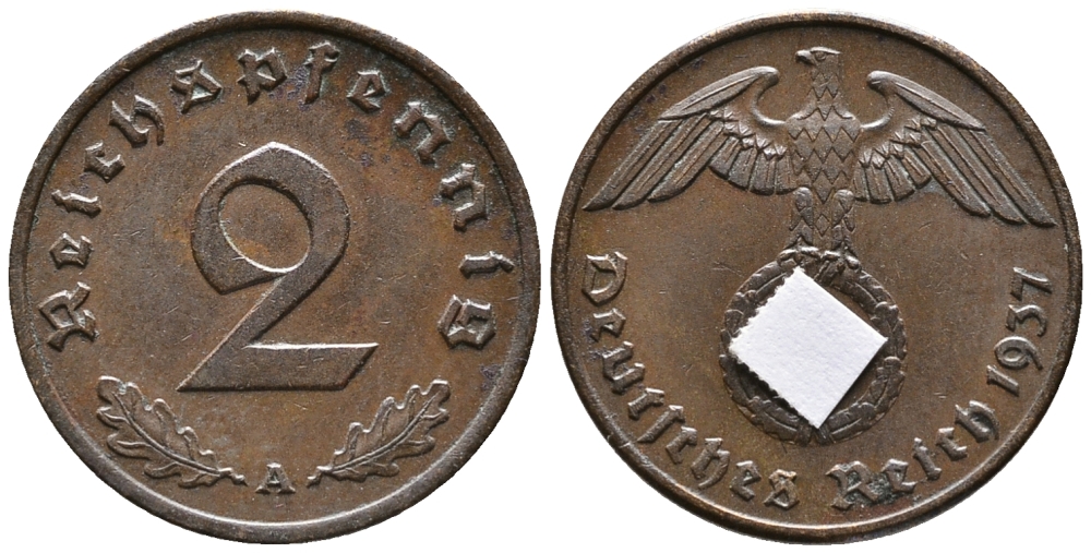 ГЕРМАНИЯ 2 РЕЙХСПФЕННИГА 1937 A KM 90, J. 362 бронза 24-752
