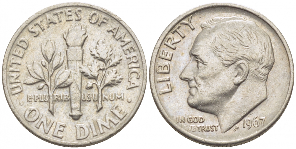 США 10 центов (дайм) 1967 Рузвельт KM 195а медь плакированная медно-никелем 105-1049