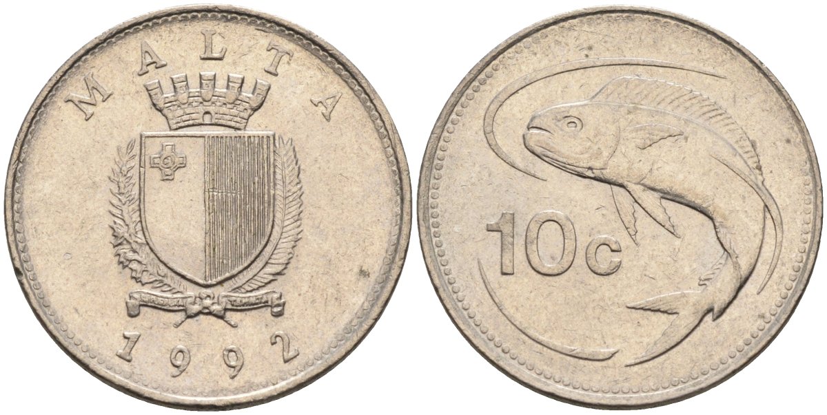 Мальта 10 центов 1992 золотая макрель KM 96 медно-никель 4588-239