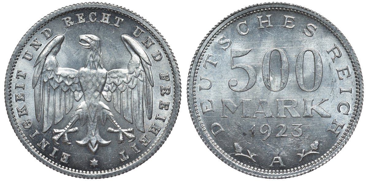 Германия 500 марок 1923 А KM 36, J.305 алюминий UNC 4587-542