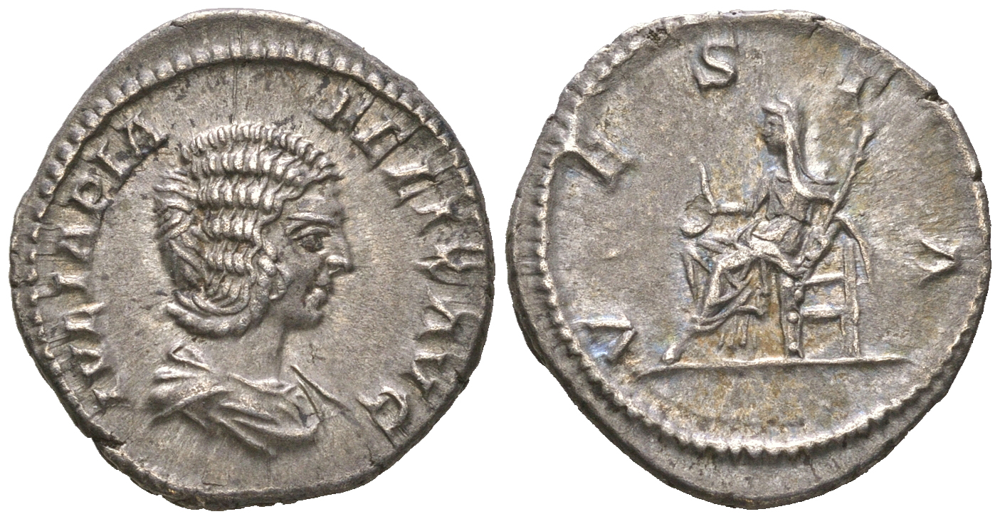 Римская Империя денарий 215 Юлия Домна, жена Септимия Севера, IVLIA PIA FELIX AVG, бюст императрицы/VESTA, Веста, Рим, в слабе RNGA - AU RIC 391 серебро 15-004-05