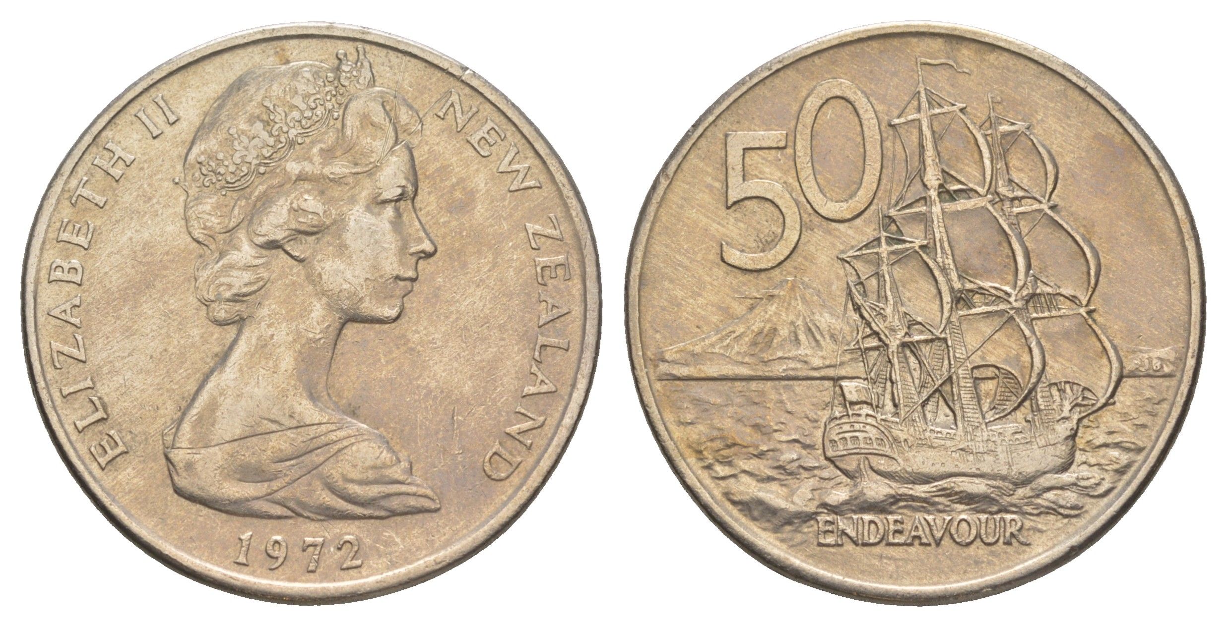 Новая Зеландия 50 центов 1972 Елизавета II (1952-2022), парусник Индевор KM 37 медно-никель 84-1242