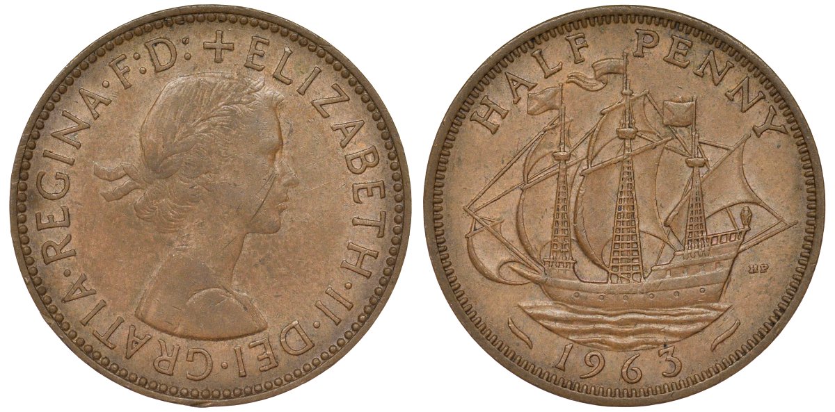 Великобритания 1/2 пенни 1963 Елизавета II (1952-2022) KM 896, Spink 4158 бронза 4128-857