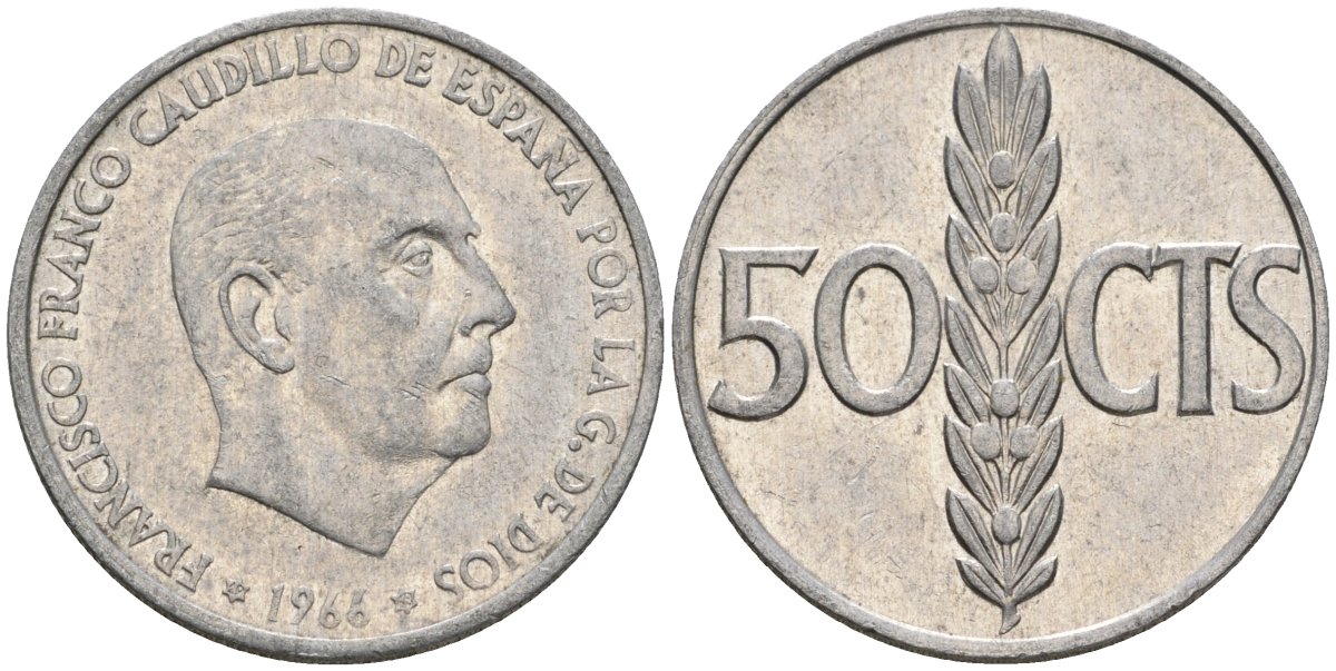 Испания 50 сентимо 1966 (68) Франсиско Франко (1939-1975) KM 795 алюминий 4602-1113
