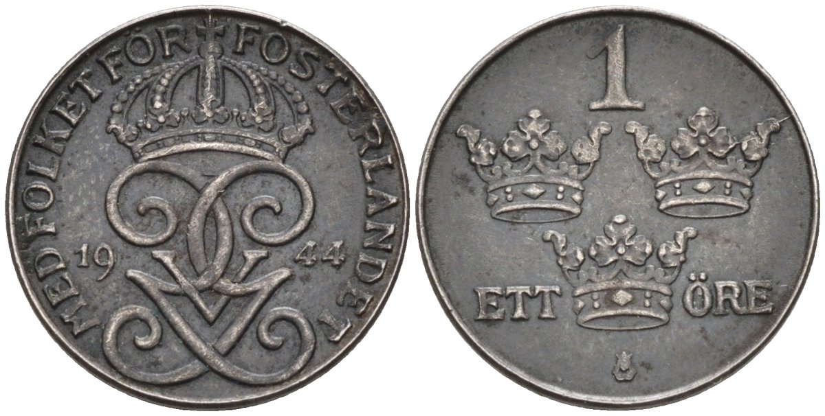 Швеция 1 эре 1944 Густав V (1907-1950) KM 810 железо 4585-314