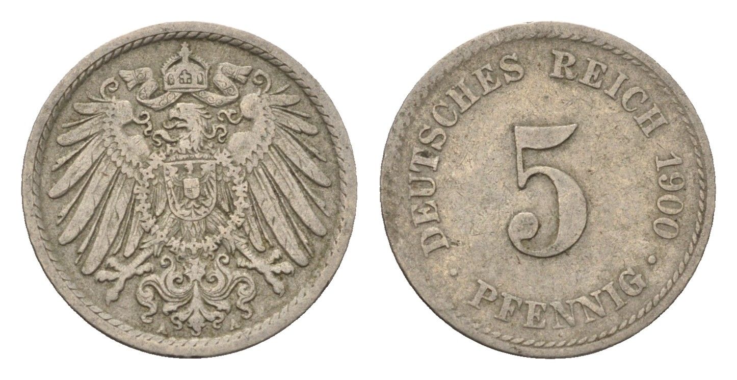 Германия 5 пфеннигов 1900 A KM 11, J. 12 медно-никель 4696-616