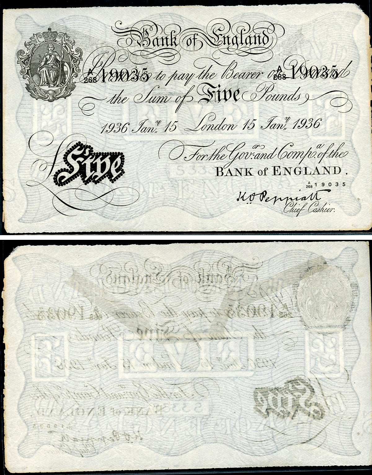 Англия 5 фунтов 1936 Лондон, 14 февраля, Операция "Бернхард", фальшивка в ущерб денежному обращению PW № RB103, Pick 337 a  бумага   444-49-1-1