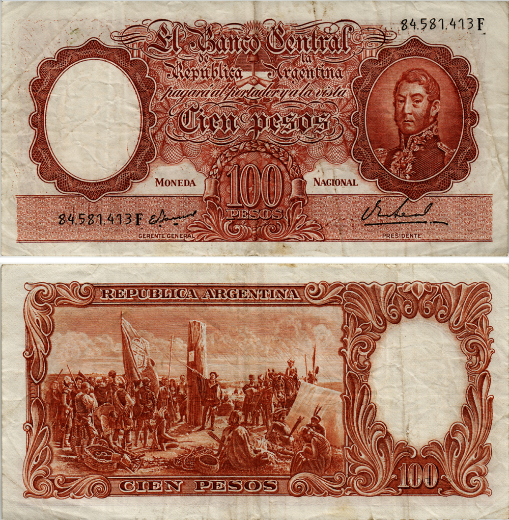 АРГЕНТИНА 100 ПЕСО 1969 СЕРИЯ F 84581, ГЕНЕРАЛ САН МАРТИН, ПОДПИСЬ EGIDIO IANNELLA - PEDRO S. REAL Pick 277 бумага 7204-68-3