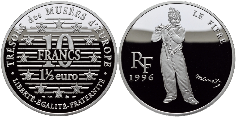 Франция 10 франков = 1 1/2 евро 1996 серия сокровища музеев Европы, игрок на флейте Эдуарда Мане KM 1122 серебро PROOF 1076-9-63