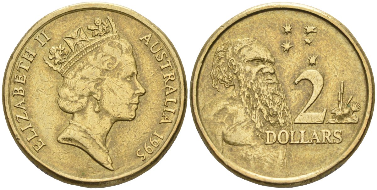 Австралия 2 доллара 1995 абориген, Елизавета II (1953-) KM 101 алюминиевая бронза 4126-1056