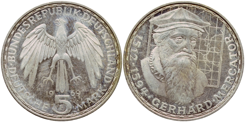 ФРГ 5 марок 1969 F, 375 лет со дня смерти Герарда Меркатора J. 400, KM 126.1 серебро aUNC 1529-223