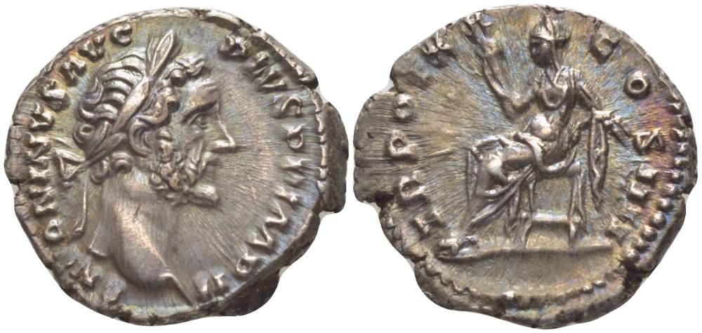 Римская Империя денарий 156 - 157 Антонин Пий, ANTONINVS AVG PIVS PP IMP II, бюст императора / TR POT X COS IIII, Церера, Рим, 3,70 гр RIC 259 серебро 1073-18-94