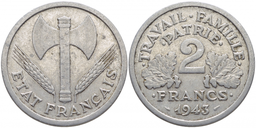 Франция 2 франка 1943 правительство Виши KM 904.1 алюминий 114-742
