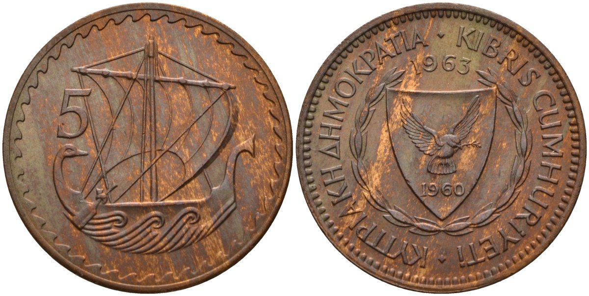 Кипр 5 милей 1963 KM 39 бронза 4141-447