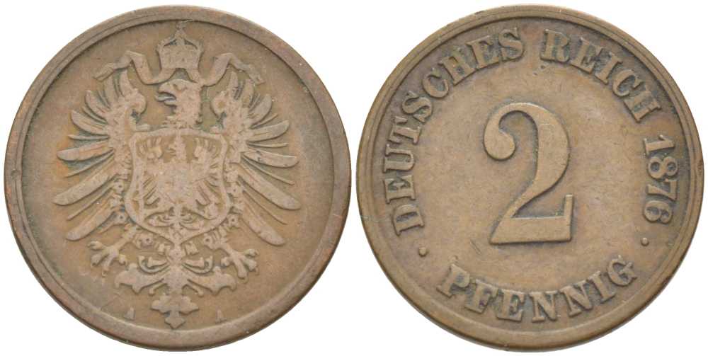 ГЕРМАНИЯ 2 ПФЕННИГА 1876 A, СТАРОГЕРБОВКА KM 2, J. 2, Weege 3 медь 212-634