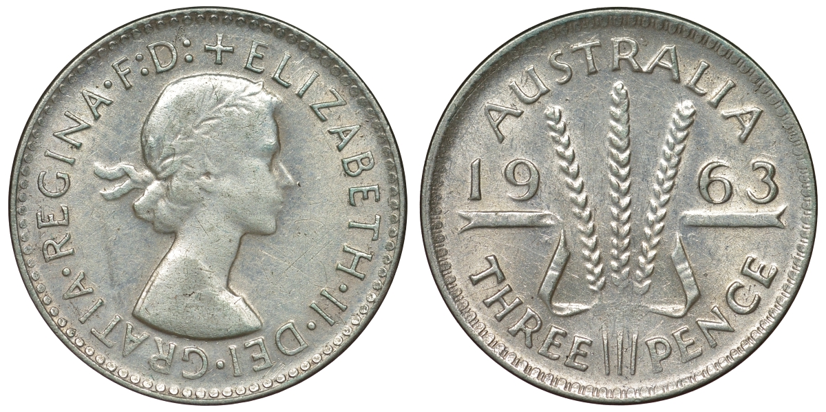 Австралия 3 пенса 1963 m, Елизавета II (1952-2022) KM 57 серебро 71-925