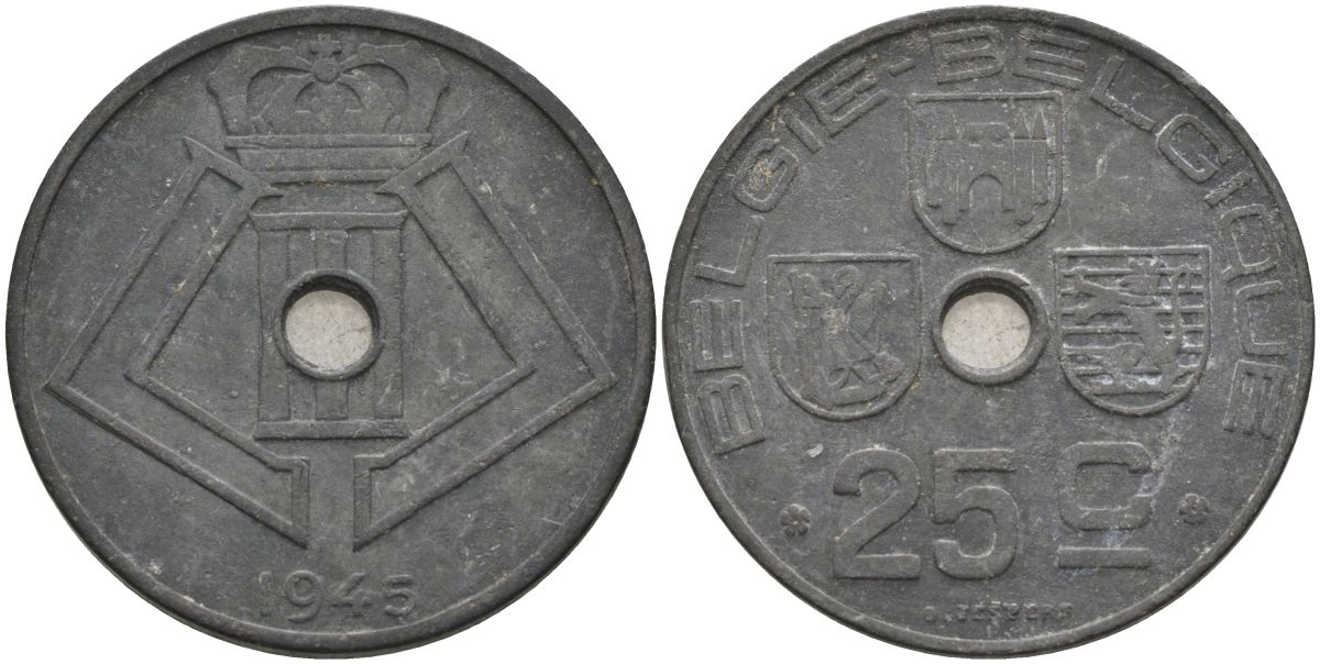 Бельгия 25 сантимов 1946 Belgie-Belgique, германская оккупация KM 132 цинк 4126-153