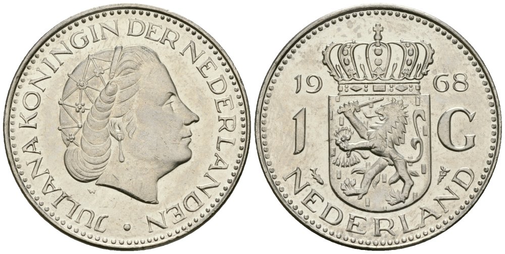 Нидерланды 1 гульден 1968 Юлиана (1948-1980) KM 184a никель UNC 4579-525