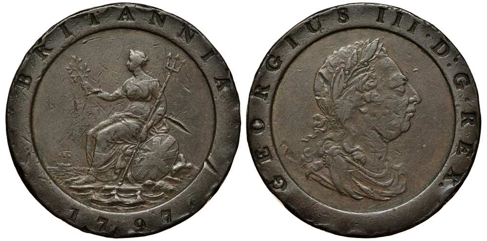 Великобритания 2 пенса 1797 Георг III (1760-1820), большой формат KM 619, Spink 3776 медь 1518-135