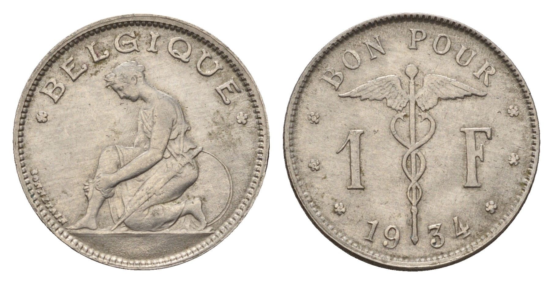 Бельгия 1 франк 1934 Belgique KM 89 никель 4119-1211