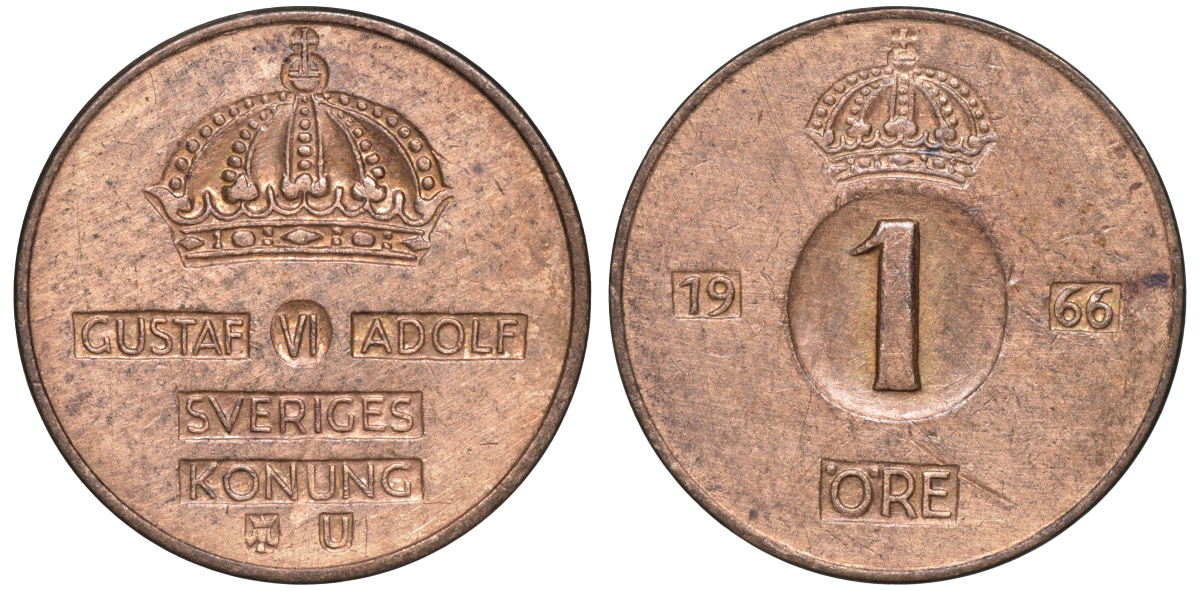 Швеция 1 эре 1966 Густав VI Адольф (1950-1973) KM 820 бронза 4609-1025
