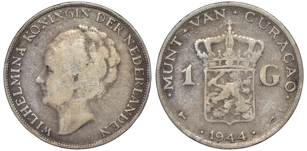 Нидерландское Кюрасао 1 гульден 1944 D, Вильгельмина (1890-1948) KM 45 серебро 36-723