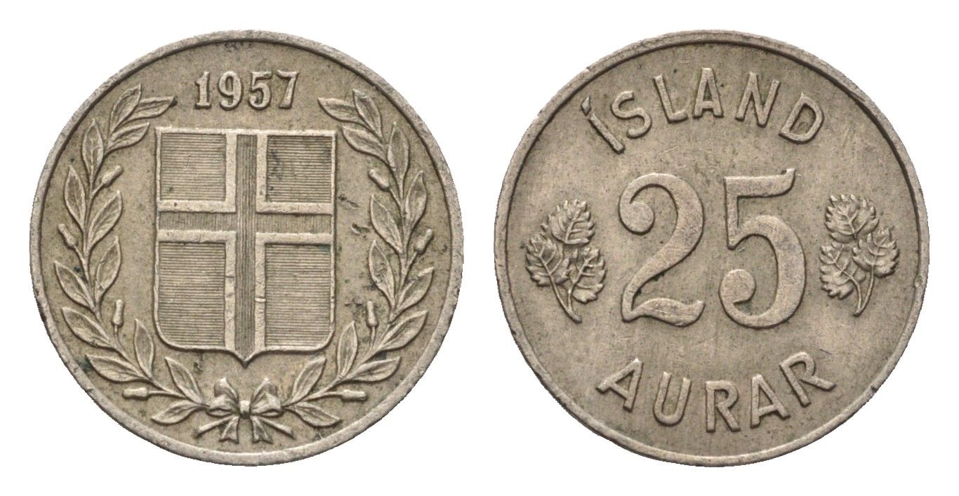 Исландия 25 эйре 1957 KM 11 медно-никель 4696-328
