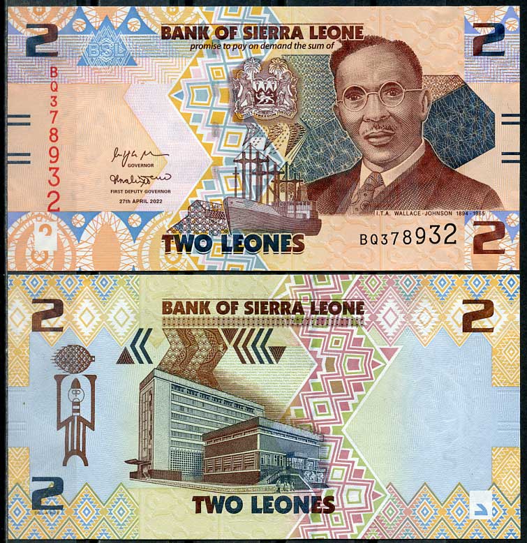Сьерра-Леоне 2 леоне 2022 Уооллес-Джонсон Исаак Теофилус Акунна, здание Центрального банка Pick 35 a  бумага  UNC (пресс) 448-156-3