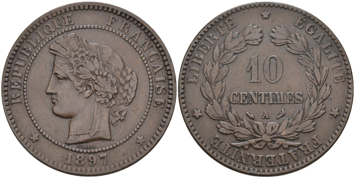 Франция 10 сантимов 1897 А, тип Ceres, третья республика (1871-1940) KM 815.1, Le Franc 135.44 бронза 81-1135