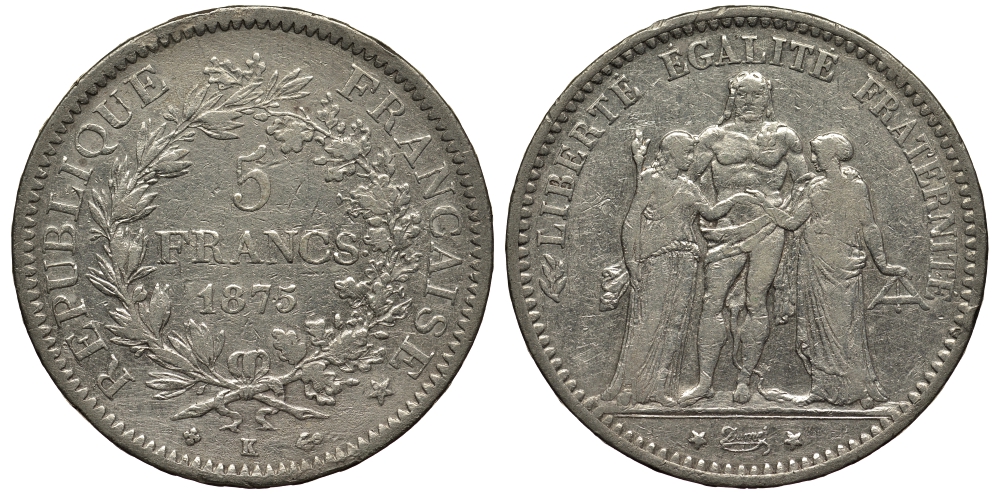 Франция 5 франков 1875 K, Геракл с богинями равенства и братства LE FRANC 334.16, KM 820.2 серебро 1524-1133