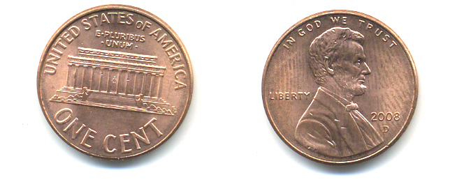 США 1 ЦЕНТ 2008 D ЛИНКОЛЬН KM 201b цинк плакированный медью 86-536