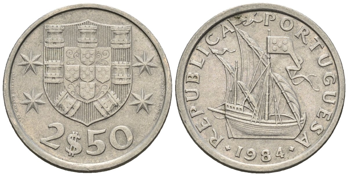 Португалия 2,5 эскудо 1984 парусник KM 590 медно-никель 4147-648