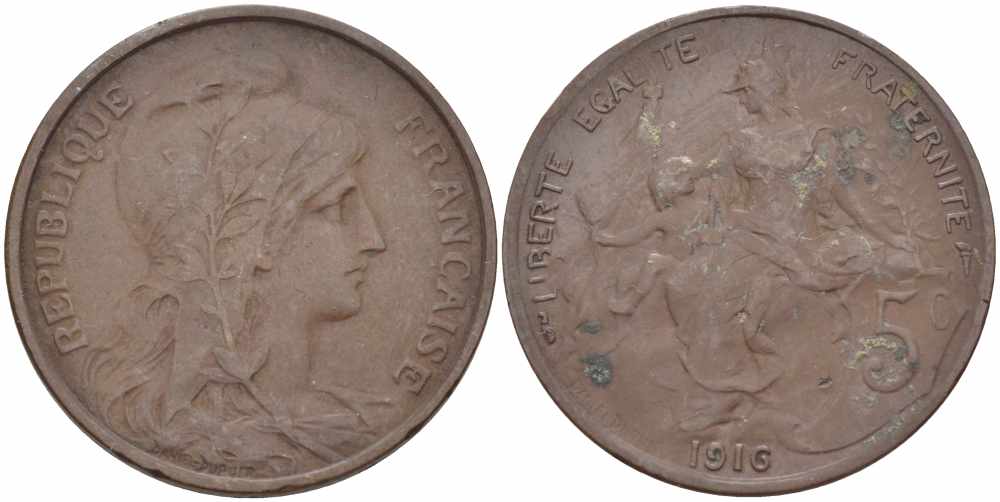 ФРАНЦИЯ 5 САНТИМОВ 1916 ТИП ДАНИЭЛЬ ДЮПЮИ KM 842, LE FRANC 119.28 бронза 108-953