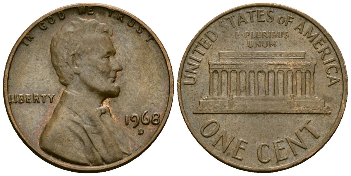 США 1 цент 1968 D, Линкольн KM 201 медь цинк 4136-126