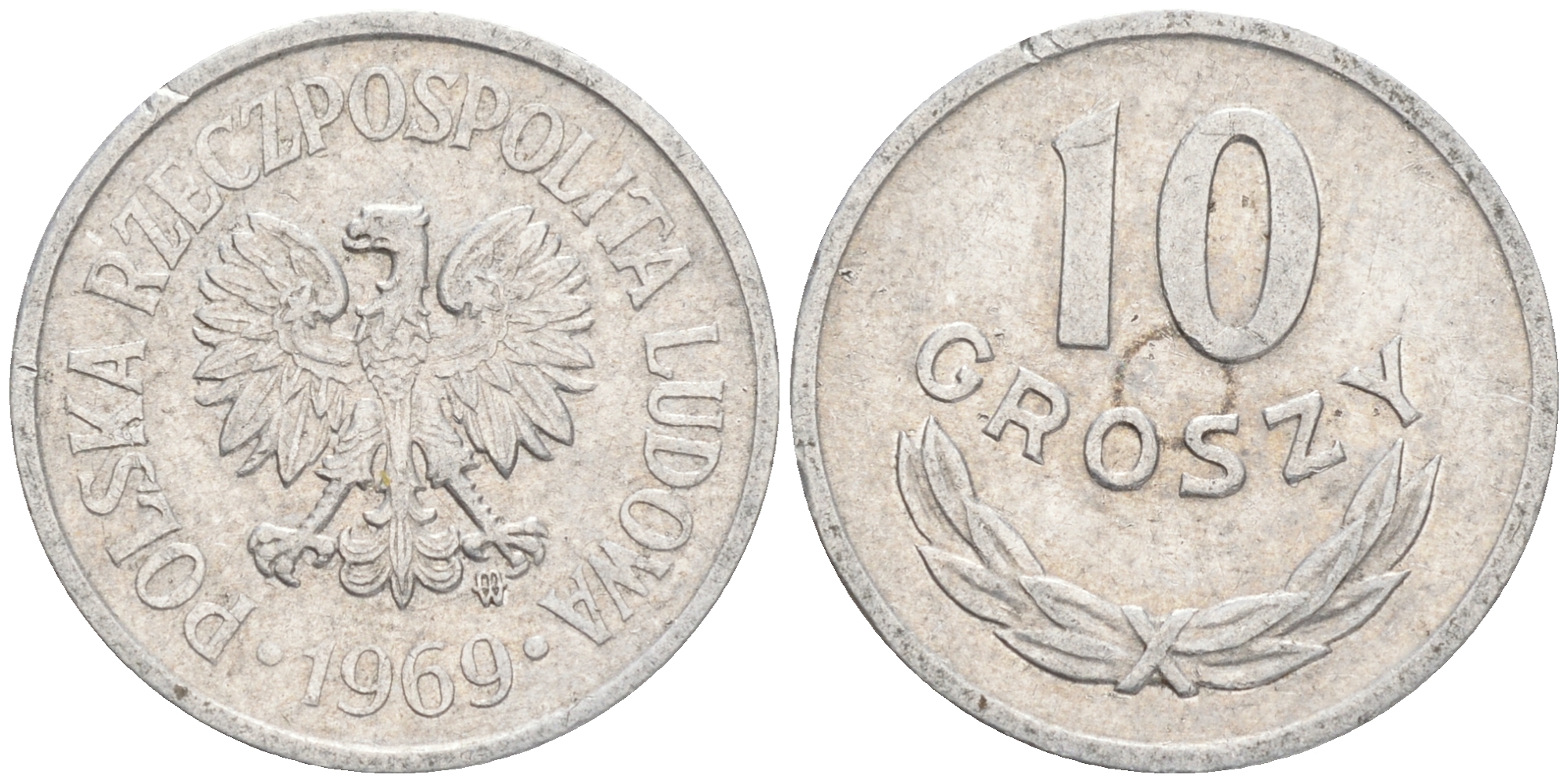 ПОЛЬША 10 ГРОШЕЙ 1969 MW KM АА47 алюминий VF-XF 192-218