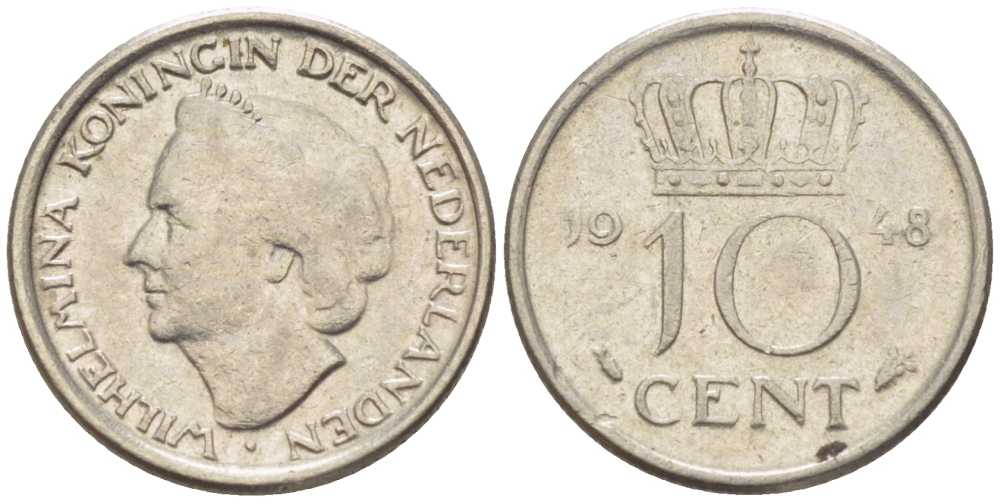 Нидерланды 10 центов 1948 Вильгельмина (1895-1948) KM 177 никель 214-1132