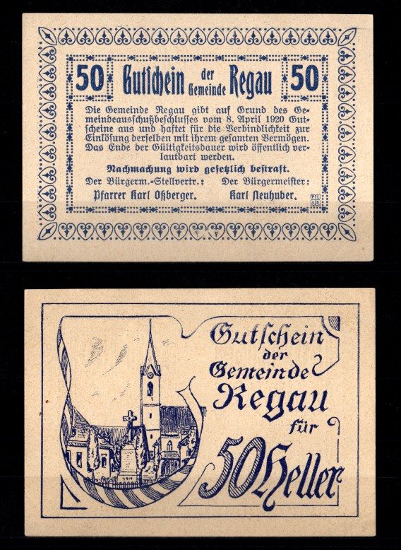 Австрия, Регау 50 геллеров 1920 Jaksc/Pick JPR0825-50 бумага UNC (пресс) 2193-40-3-2