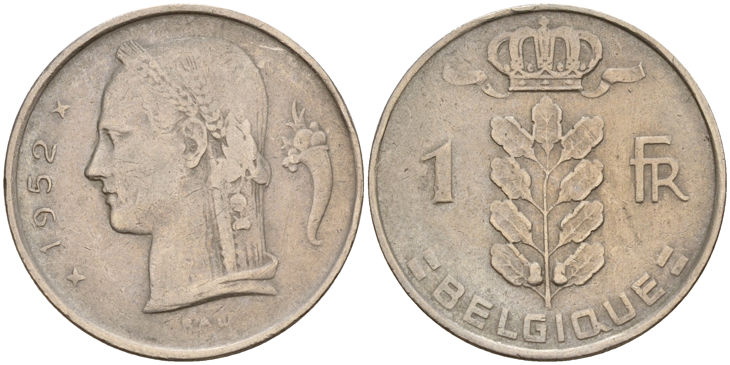 Бельгия 1 франк 1952 Belgique KM 142.1 медно-никель    4161-1225