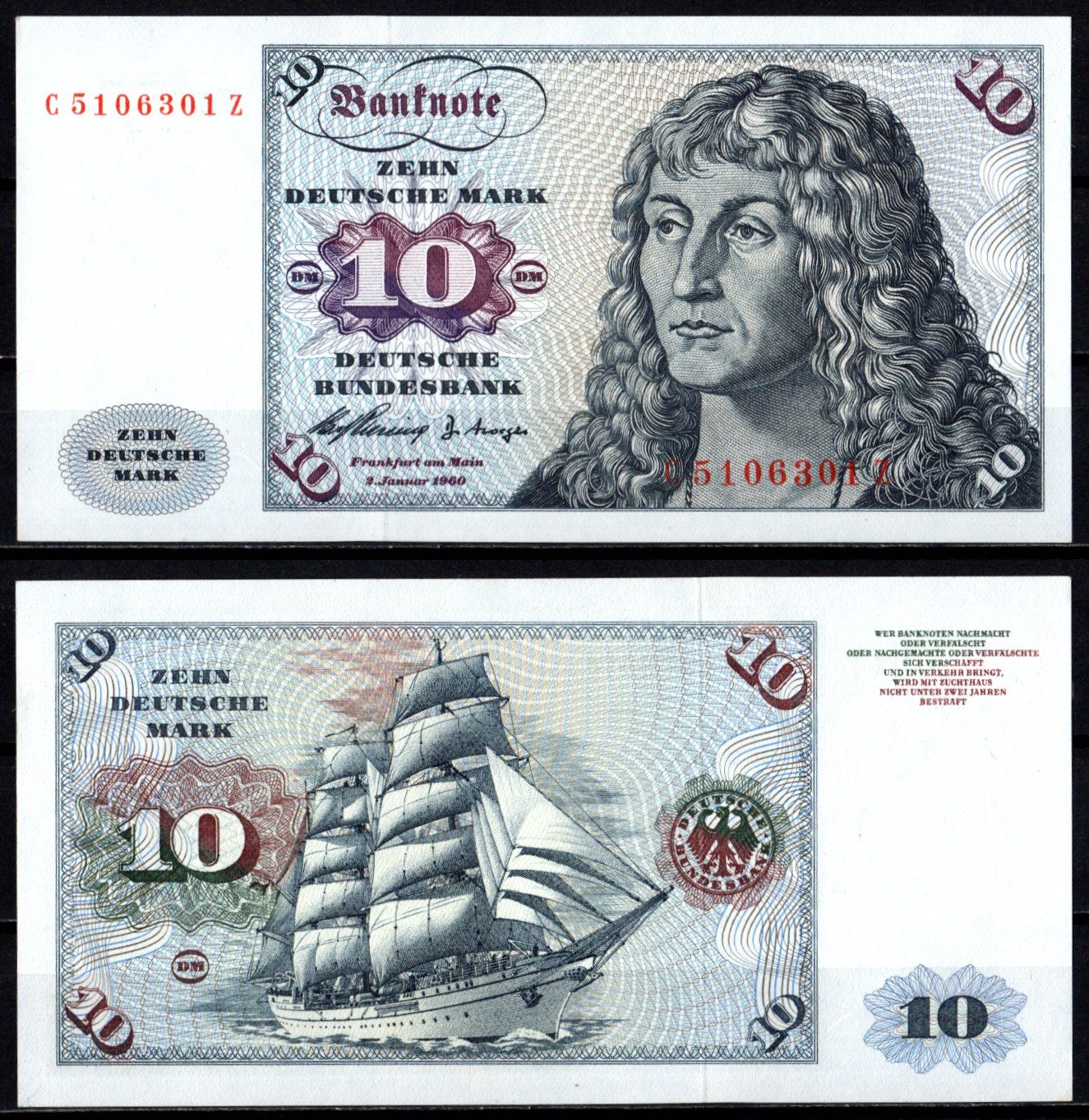 ФРГ 10 марок 1960 Альбрехт Дюрер. Kорабль "Горх Фок" Pick 19 бумага UNC (пресс) 451-1107-1