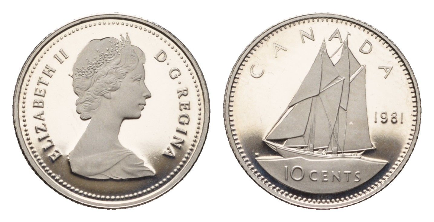Канада 10 центов 1981 Елизавета II (1952-2022), парусник KM 77 никель PROOF 413-3614