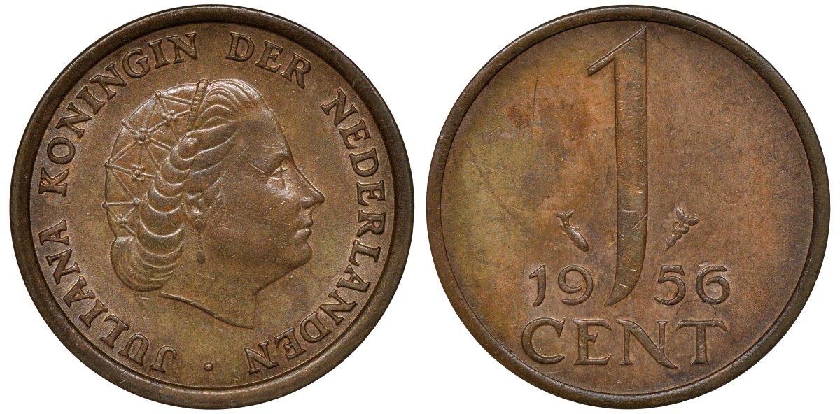 НИДЕРЛАНДЫ 1 ЦЕНТ 1956 KM 180 бронза 72-1044